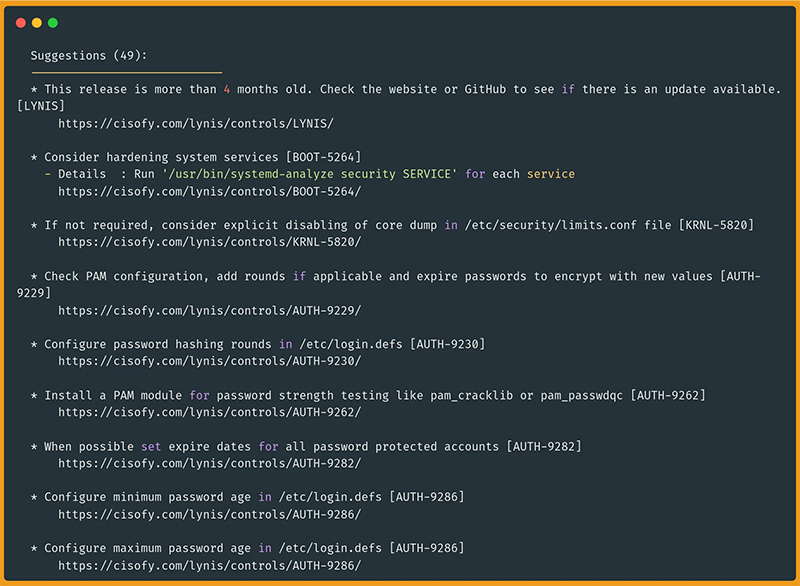 پیشنهادات امنیتی Lynis